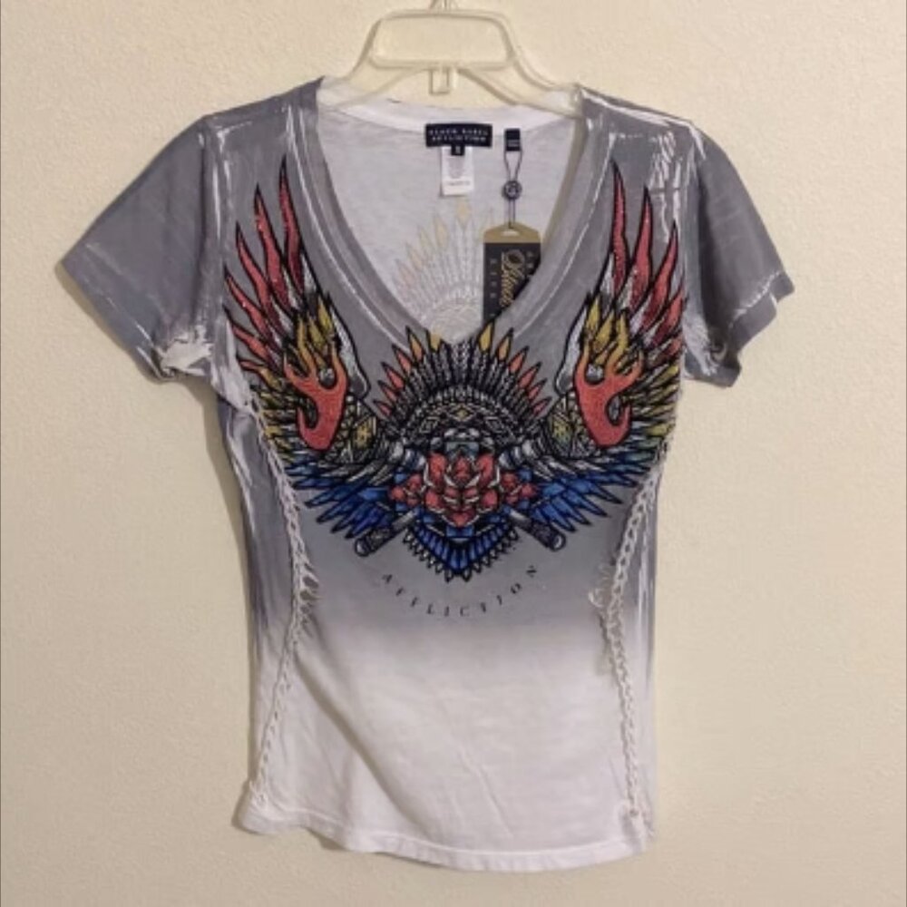 AFFLICTION Distressed Tribal Flame Graphic T-shirt w Rhinestones Women’s Size S